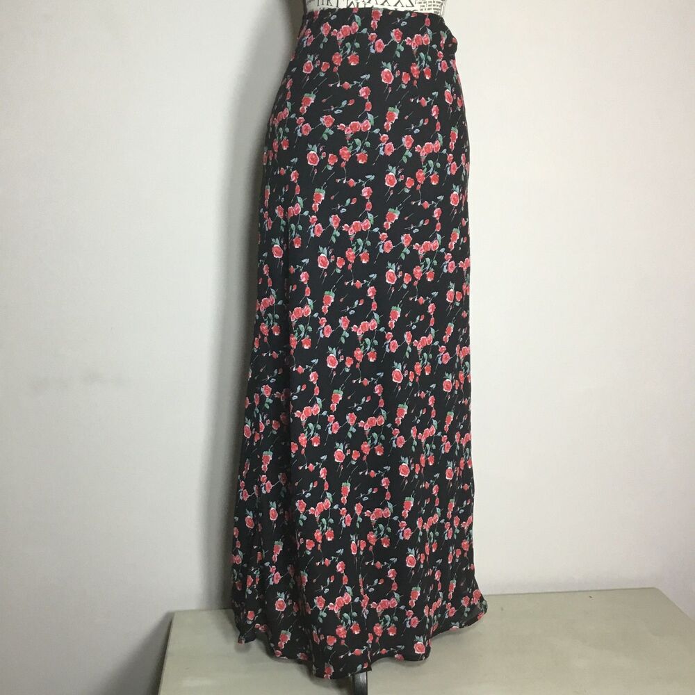 Vintage roses pattern black maxi skirt floaty elasticated waist 28"-34" Small